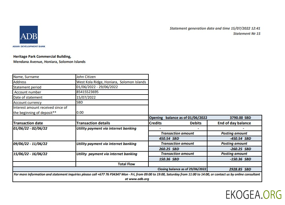 Relevé bancaire de la BAD des Îles Salomon